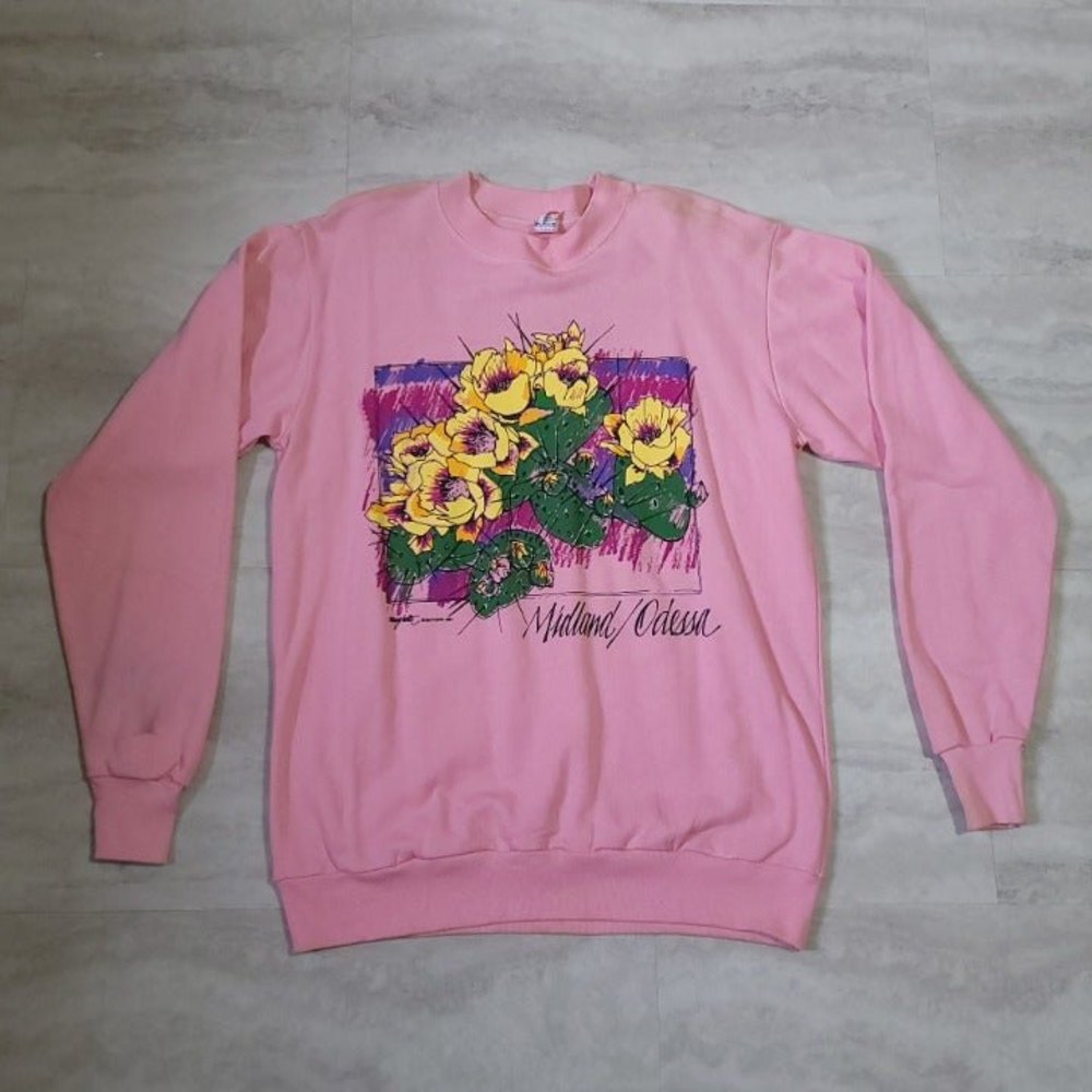 Vintage Midland / Odessa Floral Graphic Suttons 1991 Mens Pink Crew Neck…